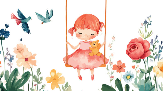 Charming watercolor illustration of a happy young girl with red hair swinging in a garden with birds and flowers