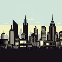 Naklejka premium Silhouette of a modern city skyline, showcasing various architectural structures against a light blue sky.