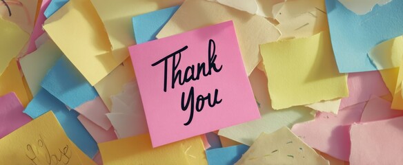 The Thank You Sticky Note Surrounded by Colorful Torn Paper Notes for Gratitude