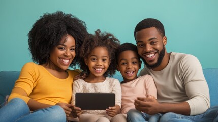 Joyful black family bonding and having fun together while watching an entertaining video clip