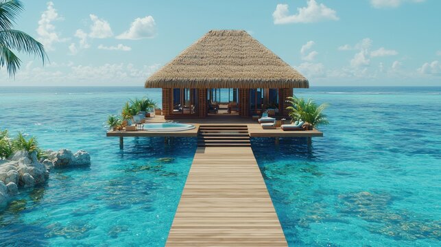 Tropical overwater bungalow on a vibrant turquoise ocean