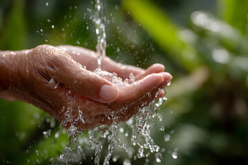 Fototapeta premium closeup water flow to hand of women for nature concept on the garden background.