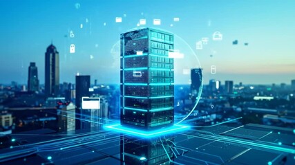 Futuristic data server with cloud computing icons over a cityscape background - Powered by Adobe