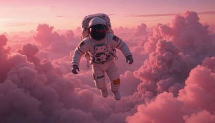 An astronaut floating across a pink cloudscape in a spacesuit