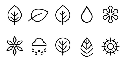 This image displays a collection of simple, black-line icons arranged in two rows of five. The icons represent various elements and symbols, including leaves, a raindrop, a snowflake, a flower, a clou