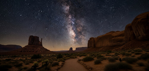 A serene night in Monument Valley with rugged buttes, soft desert sands, and the Milky Way painting a glowing path across the sky.