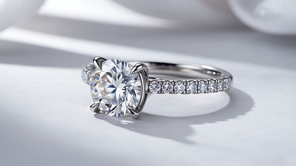 Elegant Round Cut Diamond Engagement Ring with Pave Band on White Background