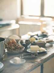 Fresh ingredients are carefully arranged on a rustic countertop, awaiting the creation of Mucenici. Vanilla, orange zest, and cinnamon mingle invitingly, baking tradition meets spring