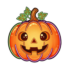 Cute cartoon pumpkin with a cheerful face, outlined in neon colors.
