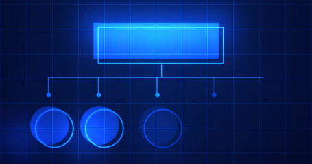 Infographic glowing hologram with empty space for text bg. Business hierarchy squares chart. Workflow flowchart algorithm display. Employee management scheme for organizations. Role assignment.
