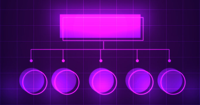Infographic glowing hologram with empty space for text bg. Business hierarchy squares chart. Workflow flowchart algorithm display. Employee management scheme for organizations. Role assignment.