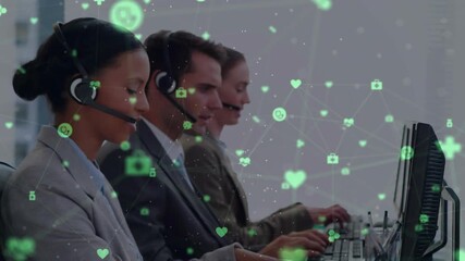 Call center agents typing into headsets causing green health icons drifting and forming network - Powered by Adobe
