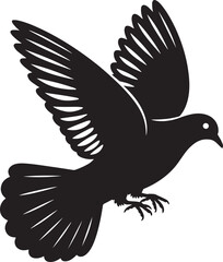 Black silhouette of a bird in flight with spread wings and tail feathers dove