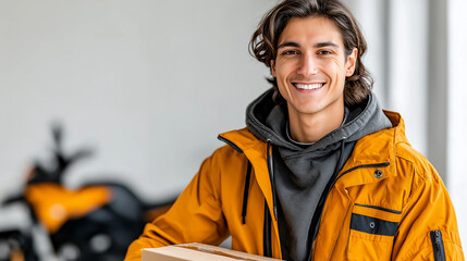 Delivery Delight: A smiling delivery person in an orange jacket, confidently holding a package, stands near a motorbike, conveying a sense of promptness and reliability. 