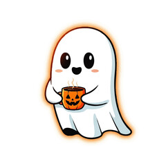 Cute cartoon ghost holding a pumpkin mug with steaming beverage, outlined with orange glow, on white background.