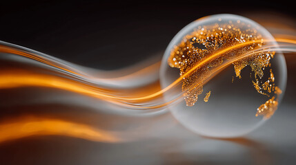 Global Connectivity Illuminated: An ethereal glass globe, illuminated with a warm, golden glow, is intertwined with dynamic streaks of light, symbolizing the interconnectedness of the world.