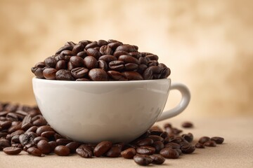 Fototapeta premium Overflowing white cup filled with rich roasted coffee beans captures the essence of morning energy and warmth in a cozy kitchen setting