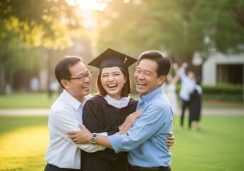 Joyful Asian graduate woman embraces two proud men celebrating her academic achievement outdoors