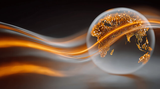 Global Connectivity Illuminated: An ethereal glass globe, illuminated with a warm, golden glow, is intertwined with dynamic streaks of light, symbolizing the interconnectedness of the world.
