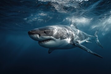 Fototapeta premium Realistic depiction of a great white shark swimming gracefully beneath the ocean surface showcasing its majestic form in clear blue waters