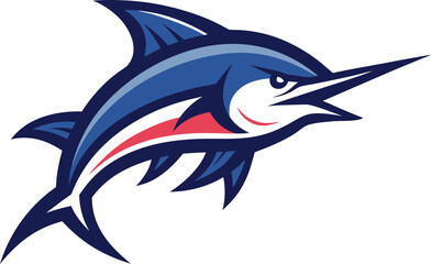 Aggressive blue marlin logo with red and white accents