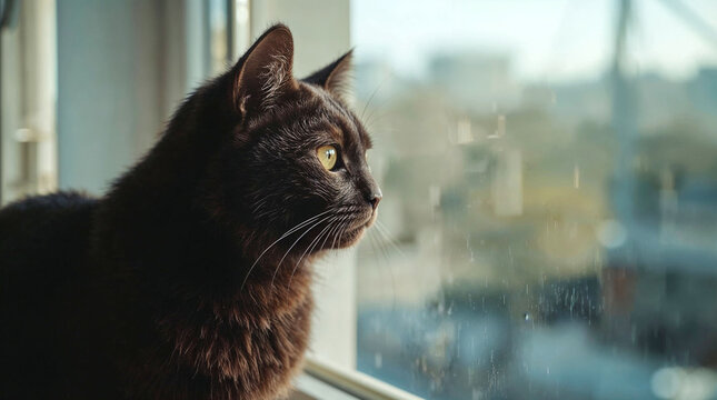 Black cat looking outside through a window on a sunny day   - Powered by Adobe