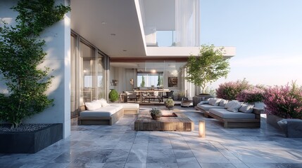 Fototapeta premium Rooftop sanctuary A tranquil outdoor lounge for serene contemplation with on transparent background