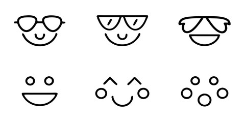 Collection of simple line art smileys with sunglasses isolated on white background featuring various styles, perfect for adding a touch of coolness to any design project