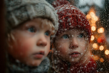 children look out of the window on Christmas