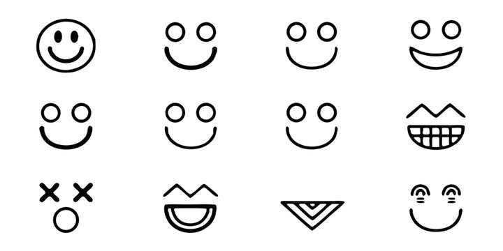 Naklejki Collection of simple line art smileys isolated on white background featuring various expressions, including happy, sad, and playful, perfect for adding a touch of fun to any design project