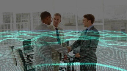 Businessman entering conference room leading team into data discussion with binary wave overlay - Powered by Adobe