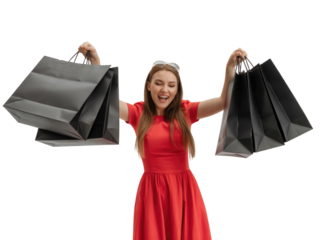 Excited woman in red dress holding shopping bags isolated on transparent background
