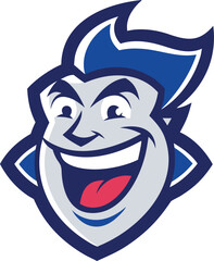 Cartoon devil mascot with blue spiky hair and wide grin
