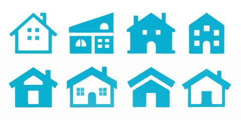 Fototapeta premium Collection of blue house icons isolated on white background a variety of home designs for real estate, architecture, and modern living concepts, perfect for graphic elements