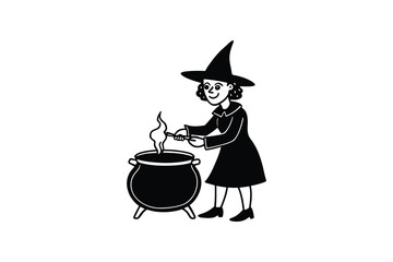 A cartoon witch stirring a bubbling cauldron with a wooden spoon happily silhouette