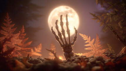 Halloween Skeleton Hand Emerging from Forest Floor with Autumn Leaves Fog and Full Moon