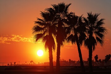 Obraz premium Palm tree silhouettes against a breathtaking sunset with vibrant orange and yellow hues over a peaceful coastline at dusk
