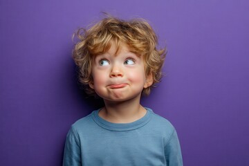 Naklejka premium Funny little boy showing silly expression while looking to the side against vibrant purple background