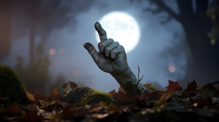 Halloween zombie hand pointing finger emerging from a forest with autumn leaves, fog and a full moon