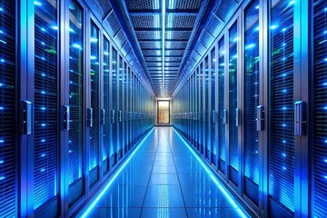 A long, brightly lit server room hallway with rows of computer racks, illuminated by blue lights, representing technology and data processing