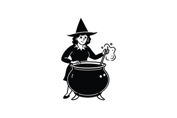 A cartoon witch stirring a bubbling cauldron with a wooden spoon in her hand silhouette