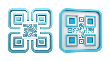 Two stylized QR code designs blue and white 3D render
