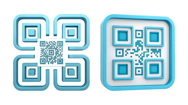 Two stylized QR code designs blue and white 3D render