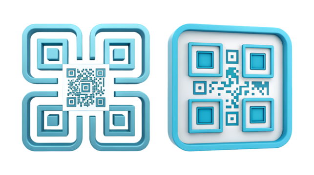 Two stylized QR code designs blue and white 3D render