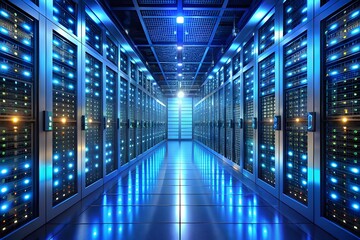 A long, illuminated corridor of a modern data center with rows of glowing blue server racks, symbolizing advanced technology and digital information storage