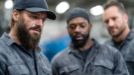 A team of technicians discussing an equipment repair plan in a collaborative indoor setting with sharp focus and high  lighting