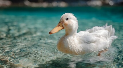 White duck floating in a crystal clear pond