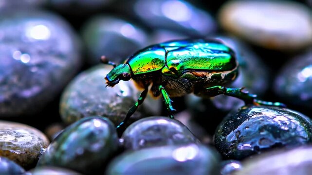 Shiny Green Beetle on Rocks with Nature, Macro Photography, and Insect.