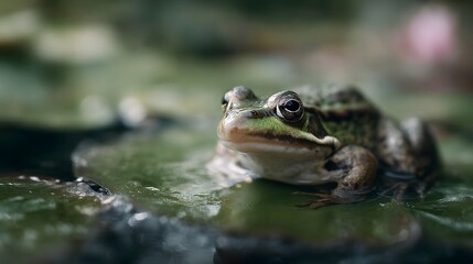 Fototapeta premium Frog resting on lily pad in tranquil pond