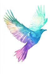 Obraz premium A vibrant watercolor illustration of a bird in flight, showcasing a blend of blue, green, purple, and pink hues, ideal for art and decor purposes, ideal for advertising, marketing